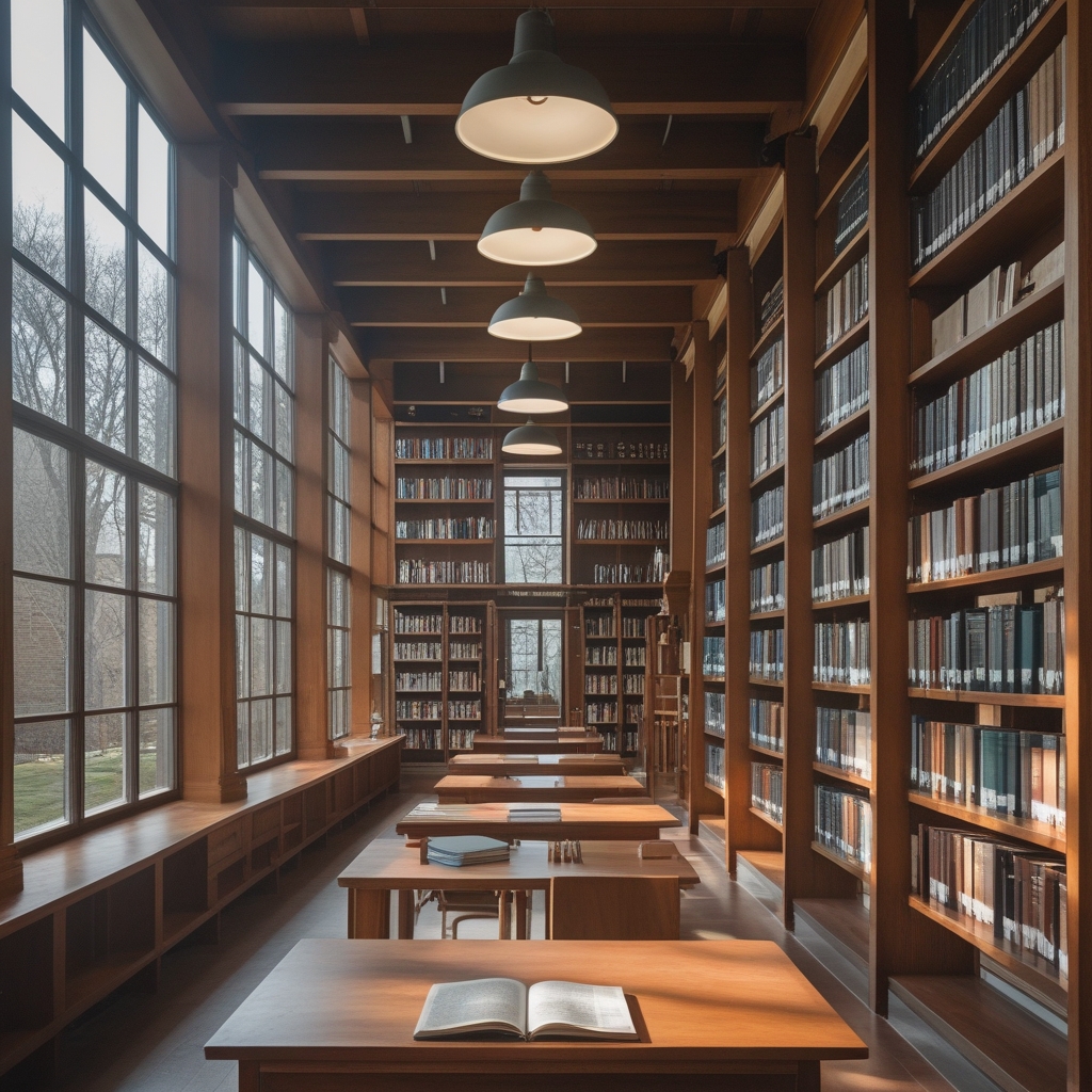 Bright, well-organised library reading room with tall wooden bookshelves, natural light from large windows, and an open book on a wide reading table — conveying research, knowledge, and institutional calm