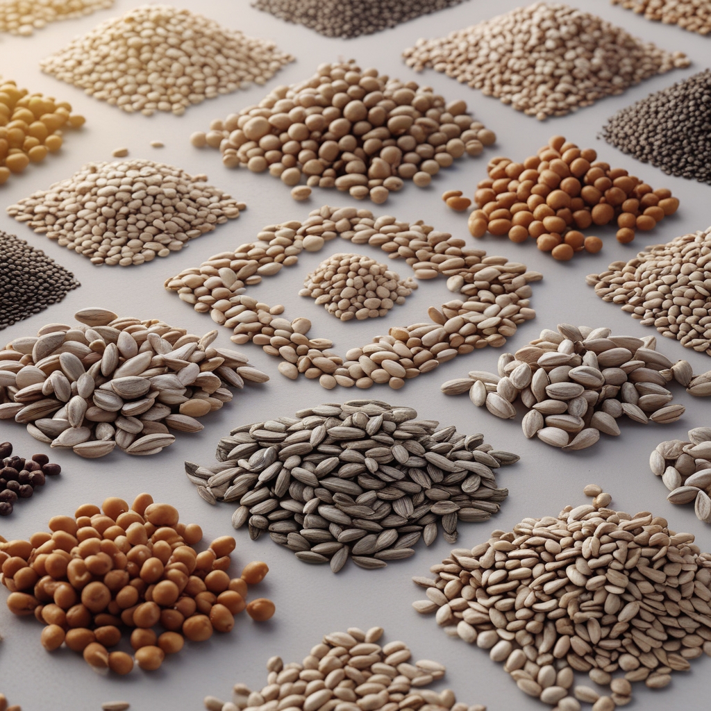 Abstract macro photograph of protein-rich legumes and seeds including lentils, chickpeas, and sunflower seeds arranged in geometric patterns on a neutral white surface