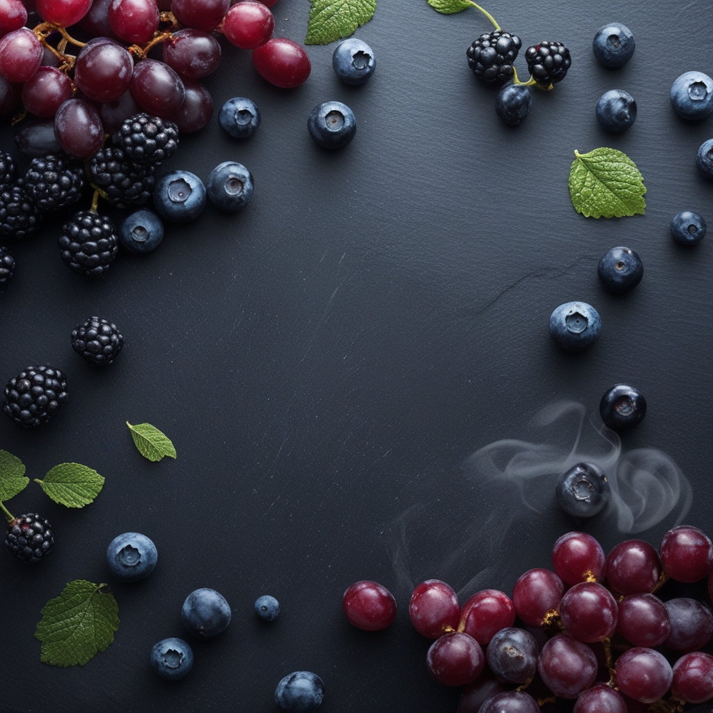 Rich deep-coloured berries, dark grapes, and blueberries arranged on a dark slate surface representing polyphenol and antioxidant-rich foods with a dramatic low-key lighting style