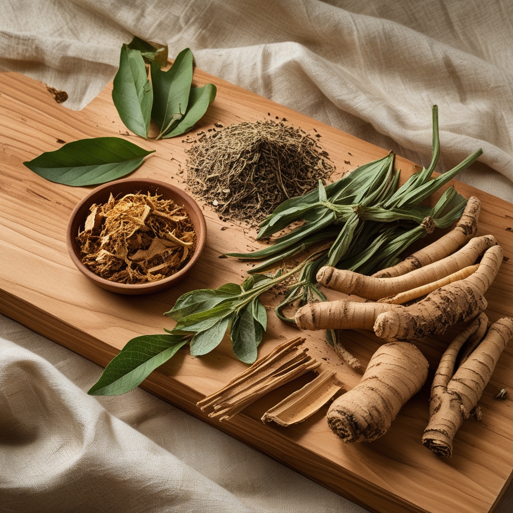 Dried botanical herbs and plant extracts arranged on a wooden board including ginseng root, dried leaves, and bark pieces with a natural linen cloth background in warm light